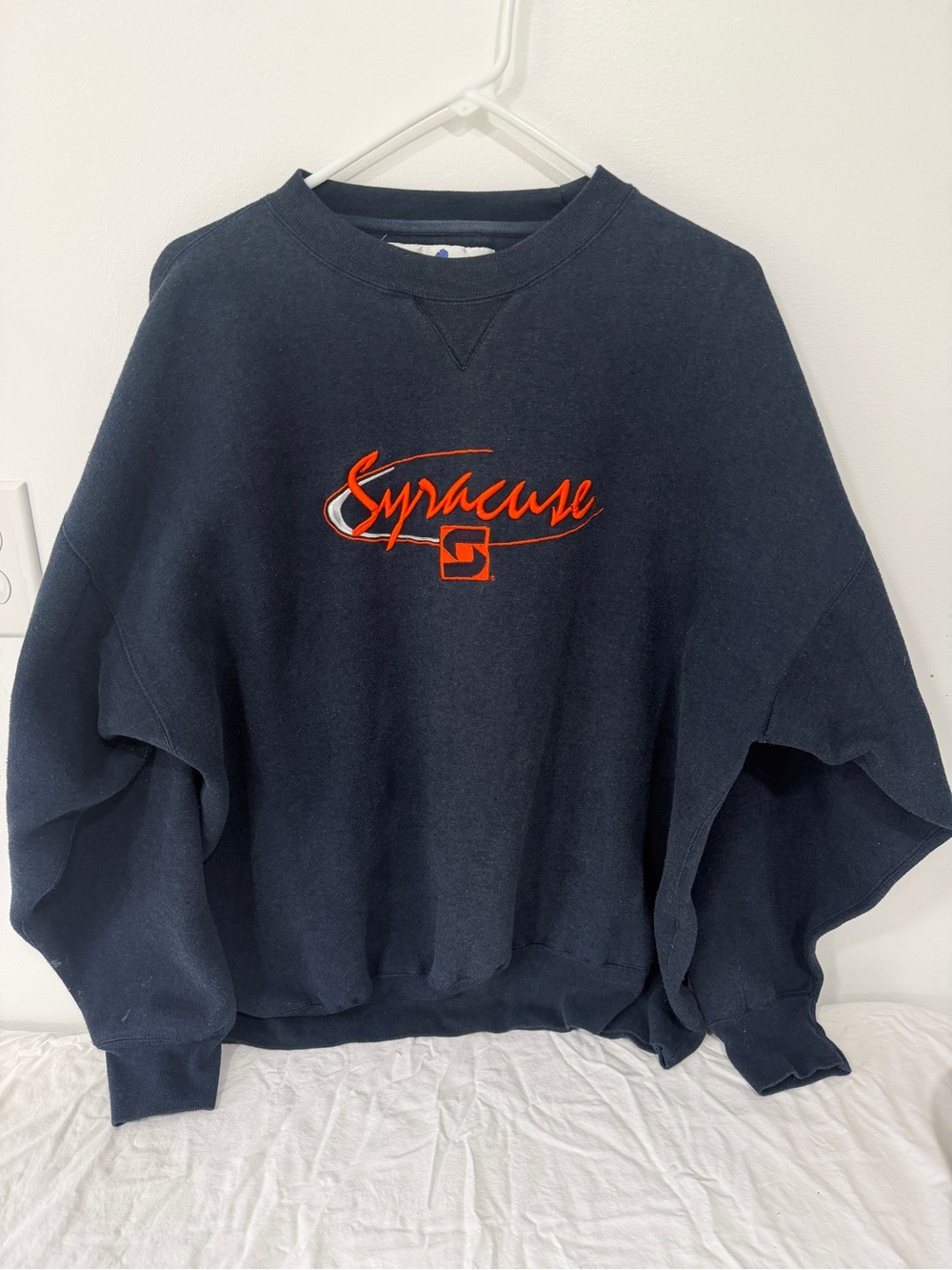 90s rare vintage Syracuse Navy Crewneck Sweatshirt with Orange Script